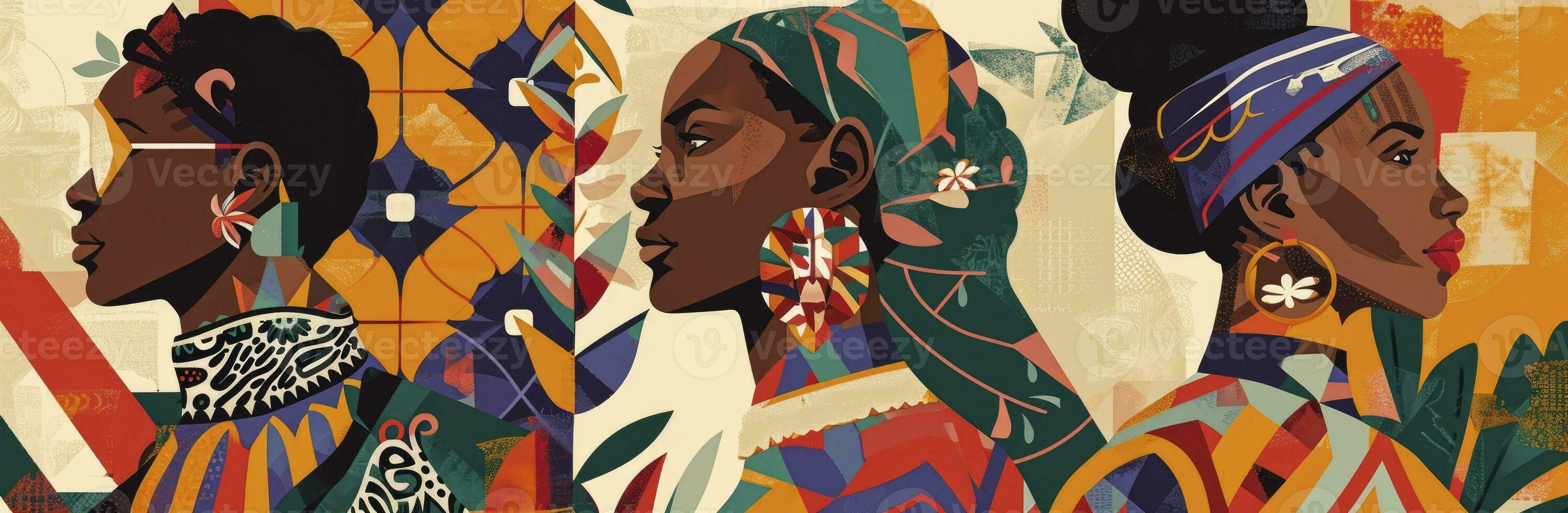 AI generated Black history month banner with colours, minimalist geometric, mosaics, vintage ephemera, folk art motifs, stencil-based, graphic and bold. photo