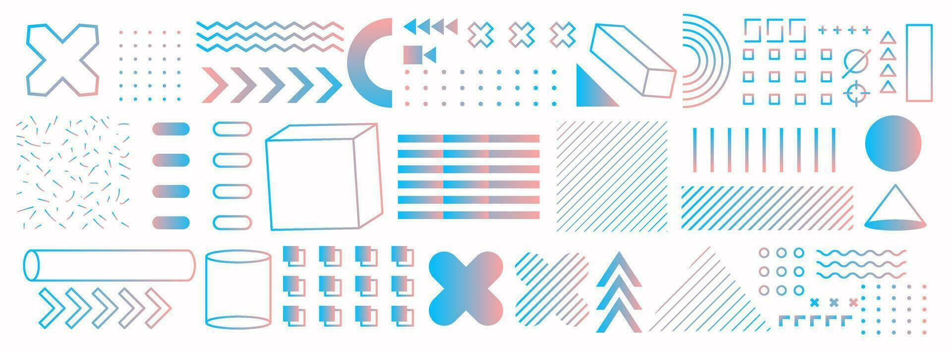 A collection of abstract geometric shapes. Memphis design, retro bauhaus elements. Blue and pink gradation. For web, advertising, banners,business. Etc. Vector illustration