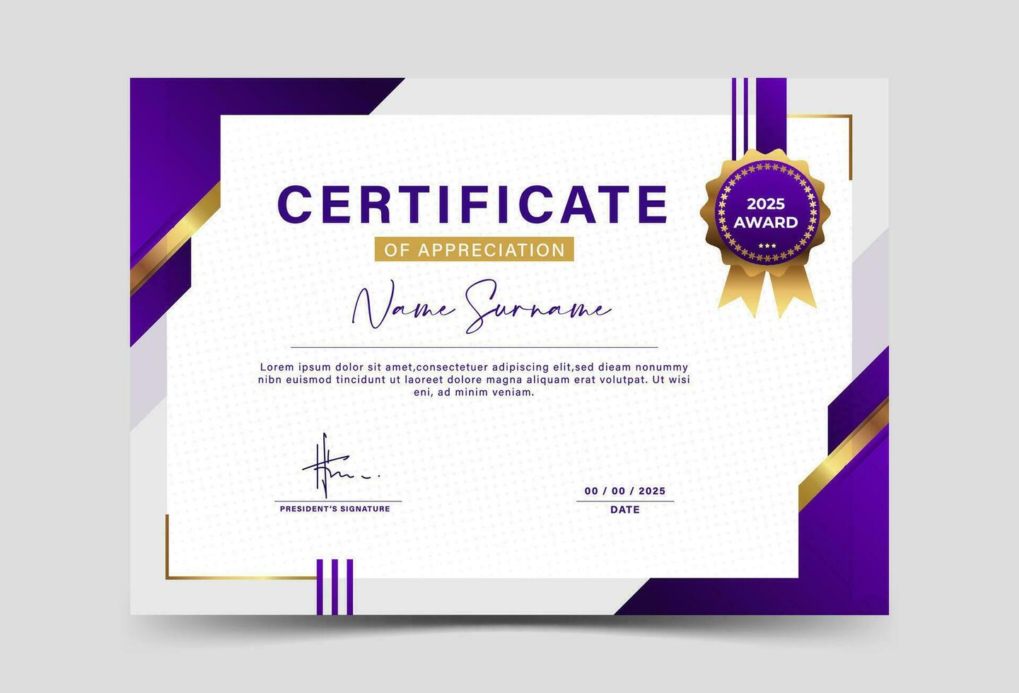 Modern certificate template achieving geometric effect of dark purple and gold. Frame. Trendy vector