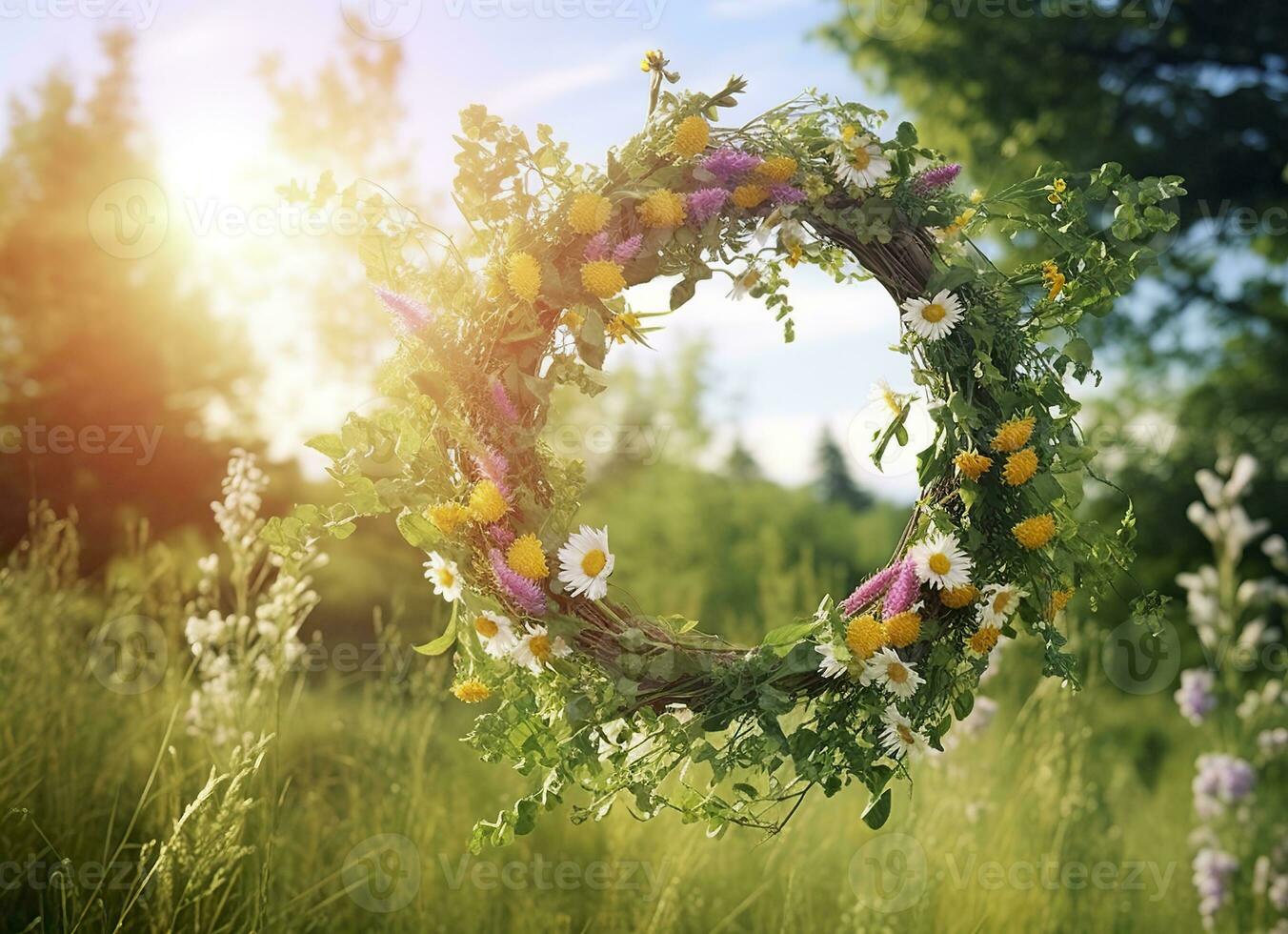 AI generated Rustic wildflowers wreath on a sunny meadow. Summer Solstice Day, Midsummer concept. Generative AI photo