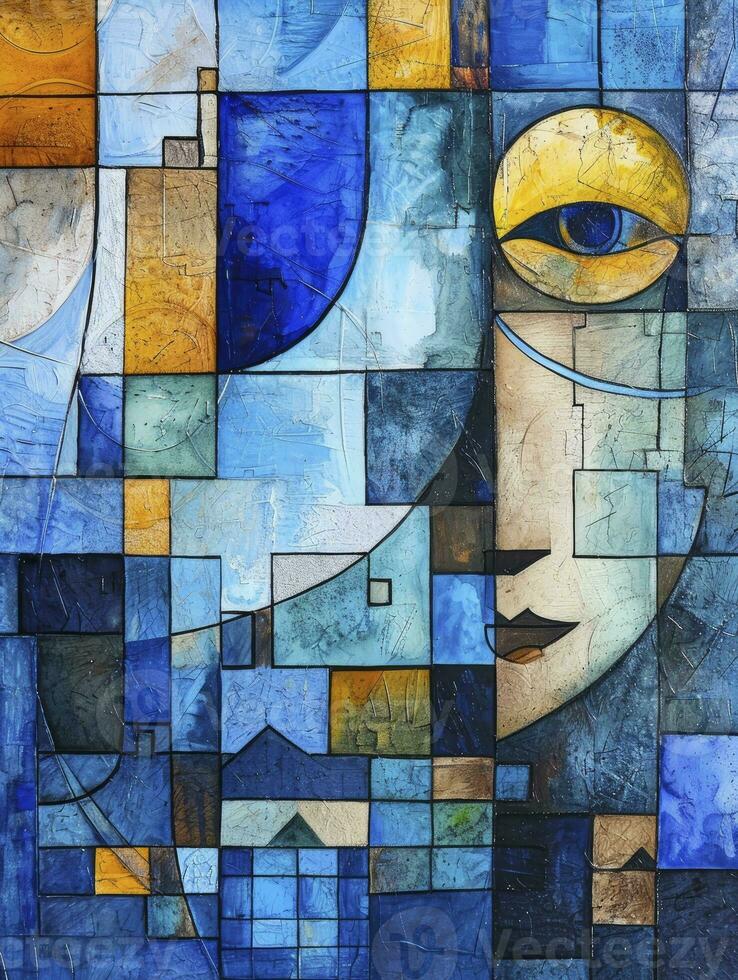 AI generated The painting has blue squares in the background realistic watercolors, monochrome geometry, stained glass effect, watercolor washes, abstraction-creation, puzzle-like elements. photo