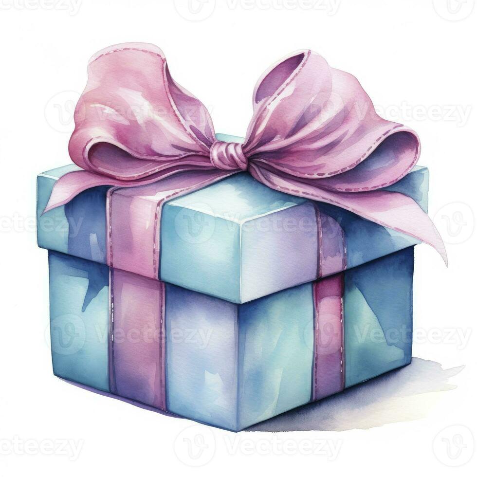 AI generated Watercolor birthday present with bow isolated on white background.  AI Generated photo