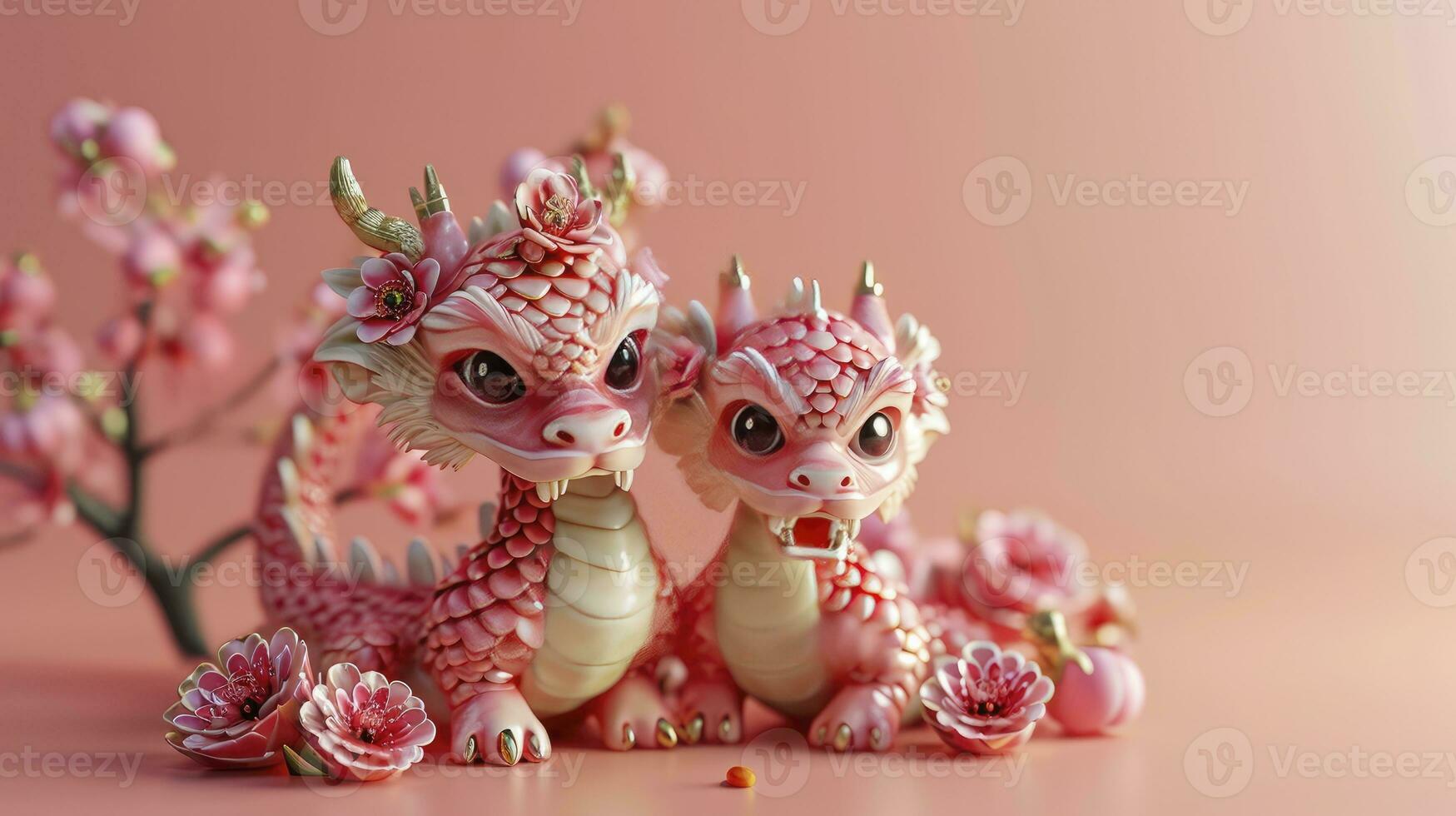 AI generated Two adorable chinese dragon babies, celebrating the Chinese New Year festival, with pink scales and happy expressions, 3d design. photo