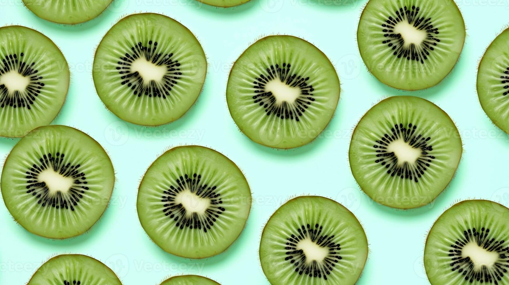 AI generated Slices of kiwi fruit and green mint leaves on a light pastel blue background. AI Generated photo