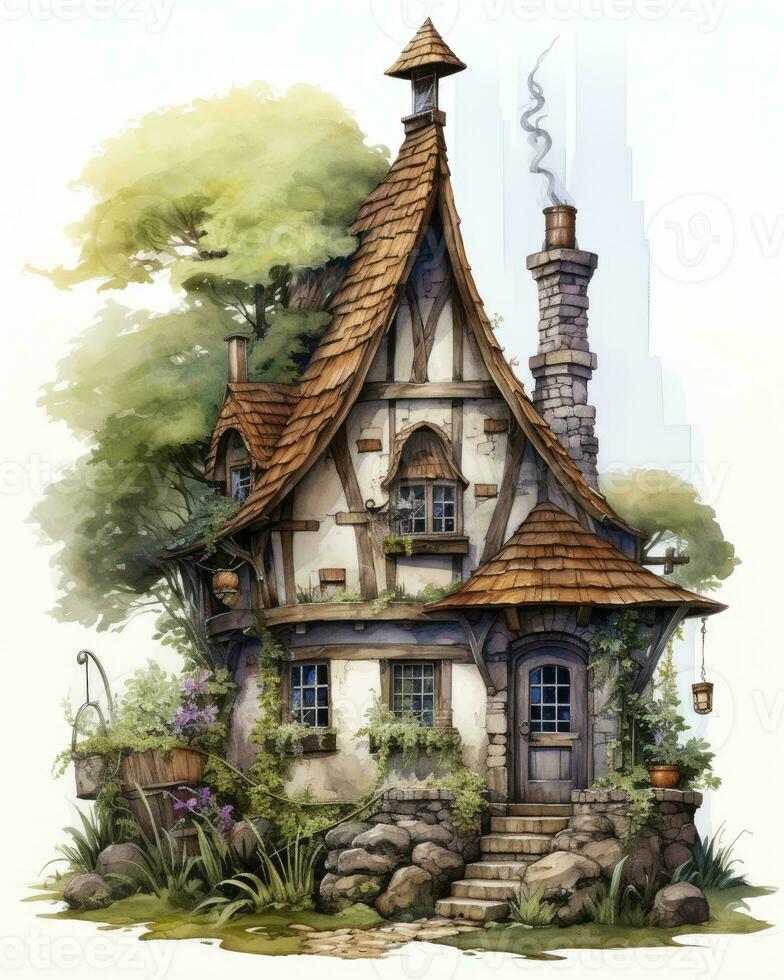 AI generated Watercolor mossy cottage isolated on white background. AI Generated photo