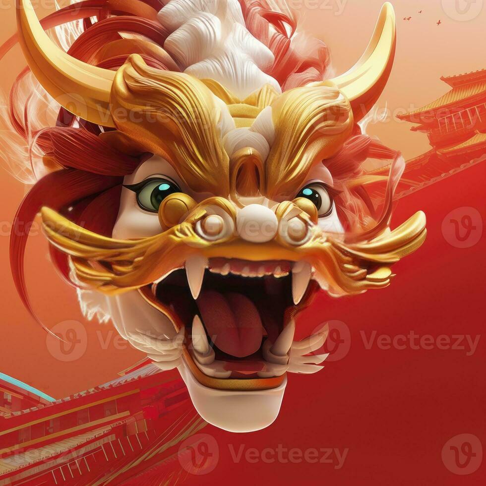 AI generated Chinese dragon head red background, 3d style. photo