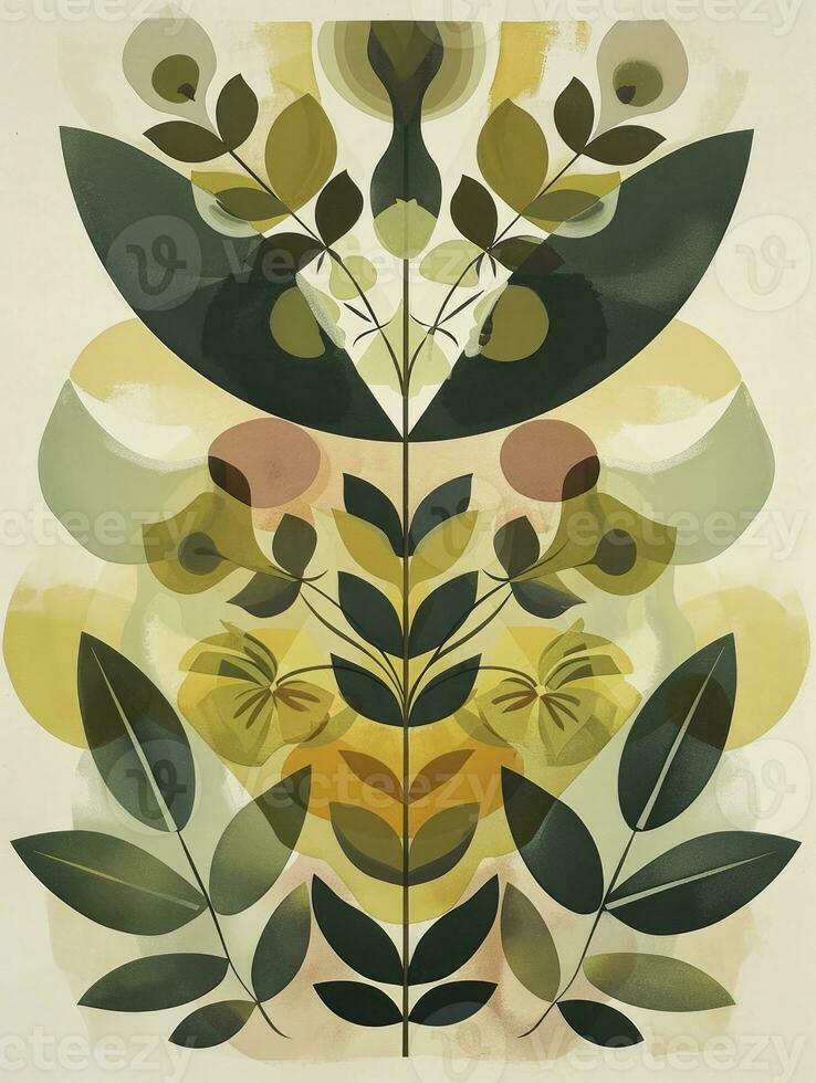 ai generado sencillo botánico detalle medio siglo acuarela diseño simétrico imprimir, redondeado formularios foto