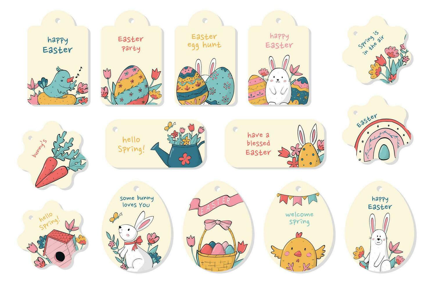 Easter stickers, labels collection. Easter set of 14 gift tags, labels with lettering quotes, doodles and flowers. Good for cards, prints, posters, etc. EPS 10 vector