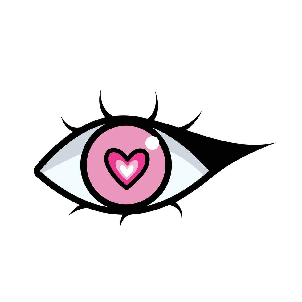 Colored eye with pink heart pupil and winged eyeliner vector illustration icon outlined isolated on white square background. Simple flat minimalist art styled cartoon drawing.