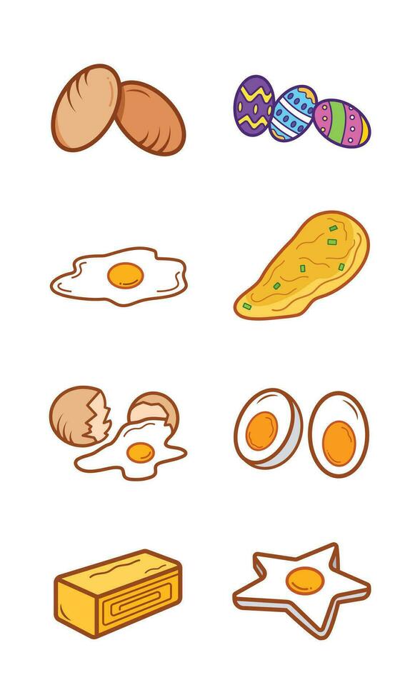ocho de colores varios huevo comida vector icono conjunto colección ilustración aislado en llanura blanco antecedentes. sencillo plano dibujos animados Arte estilizado dibujo.