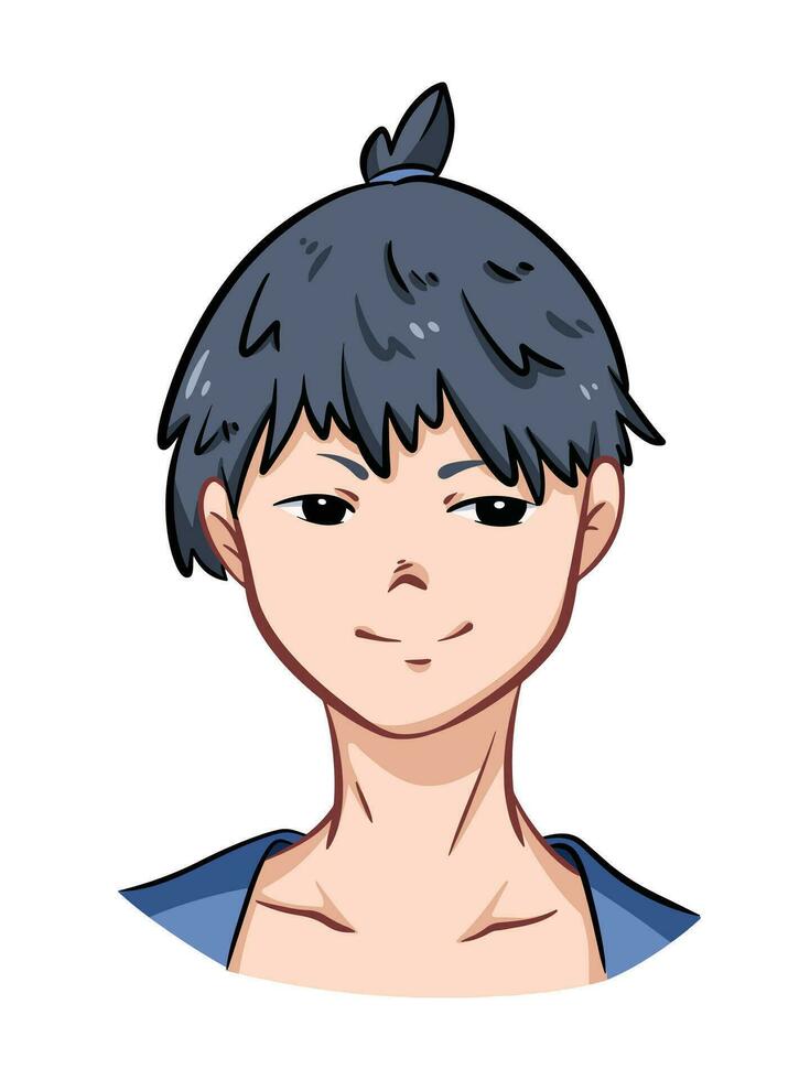 Young man with tied black hair knot simple anime japanese art styled human vector illustration isolated on vertical white background. Simple flat art styled drawing.