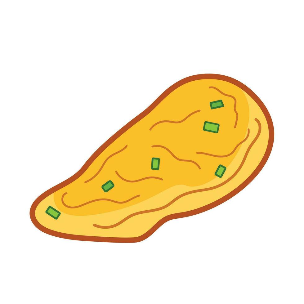 Omelette telur dadar with leek slices or daun bawang colored vector icon illustration outlined isolated on plain white background. Simple flat cartoon art styled protein food drawing.
