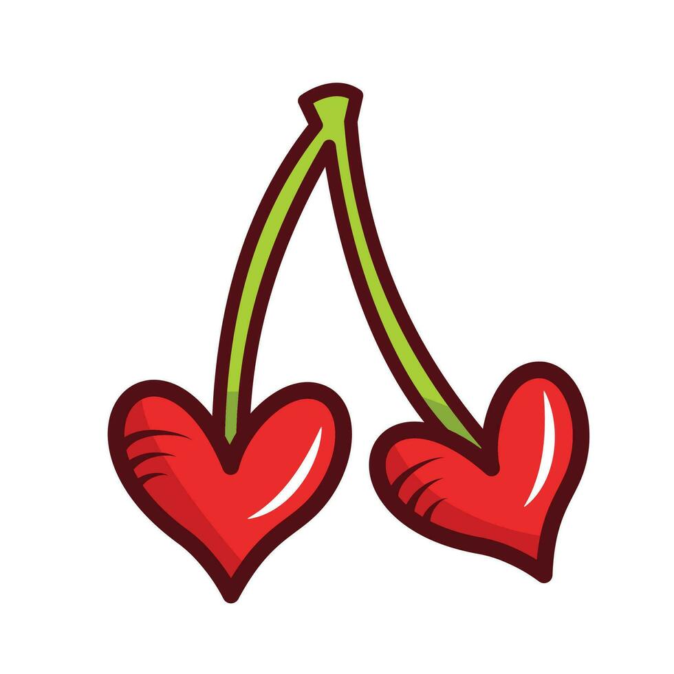 Red heart shaped double cherry fruit with no leaves colored vector illustration icon with outline isolated on white square background. Simple flat minimalist art styled cartoon drawing.