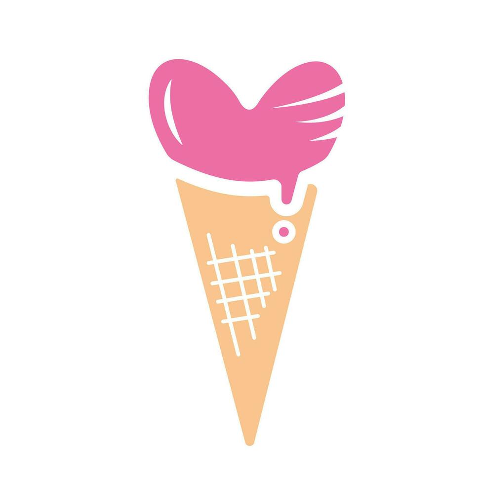 Heart shaped pink strawberry ice cream cone vector illustration icon silhouette isolated on white square background. Simple flat minimalist art styled cartoon sweet food drawing.