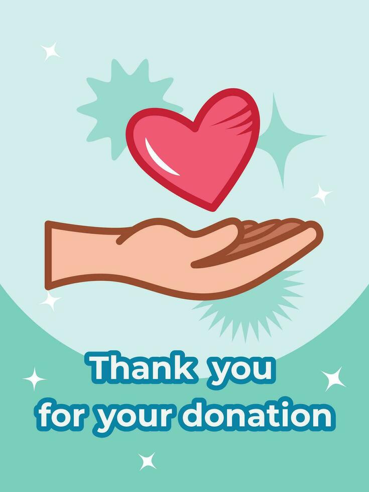 gracias usted para tu donación con mano y flotante corazón vector ilustración diseño bandera póster aislado en vertical modelo. sencillo plano moderno dibujos animados Arte estilizado para huellas dactilares.