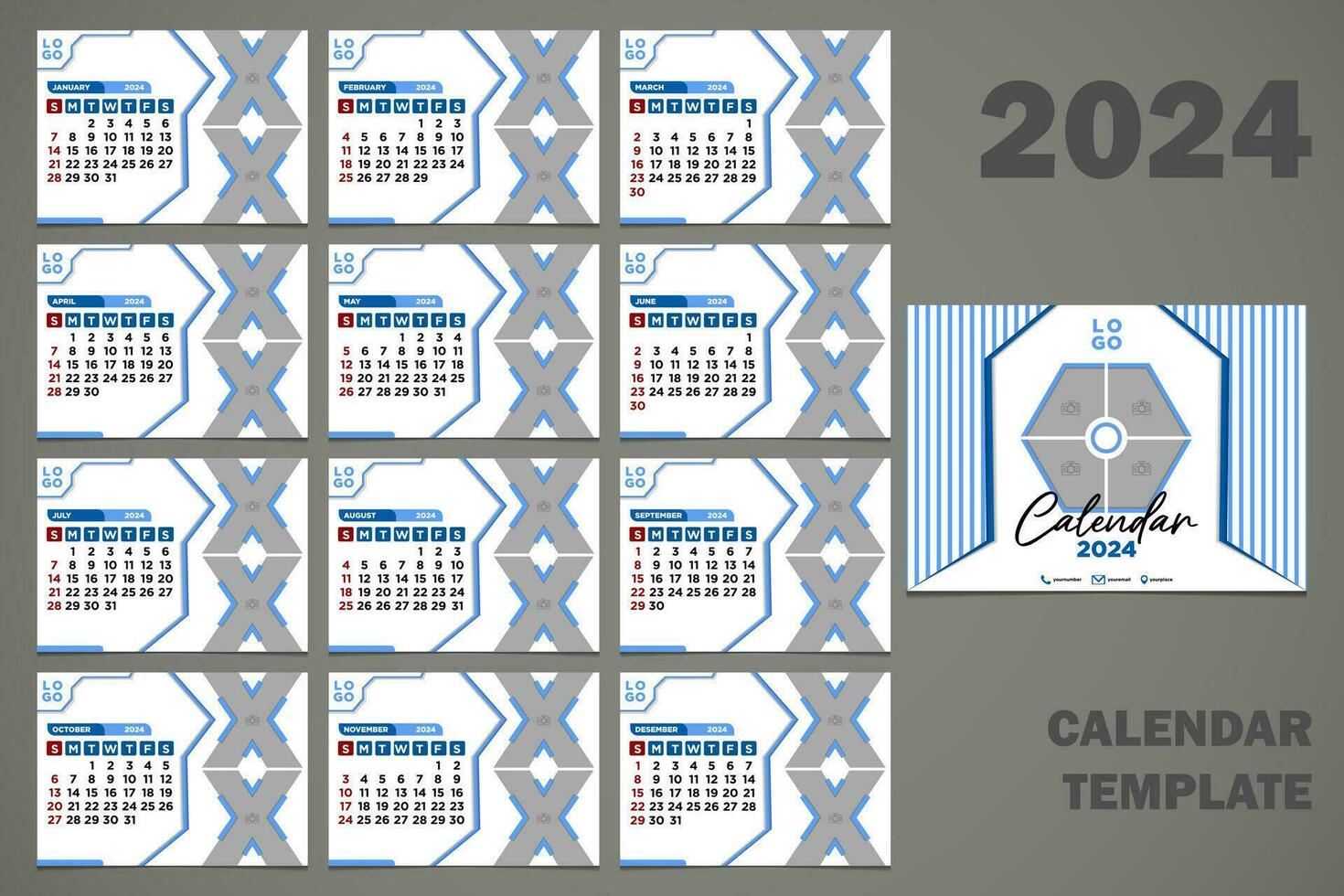 Vector Desk Calendar 2024 Abstract Blue Light Color Template