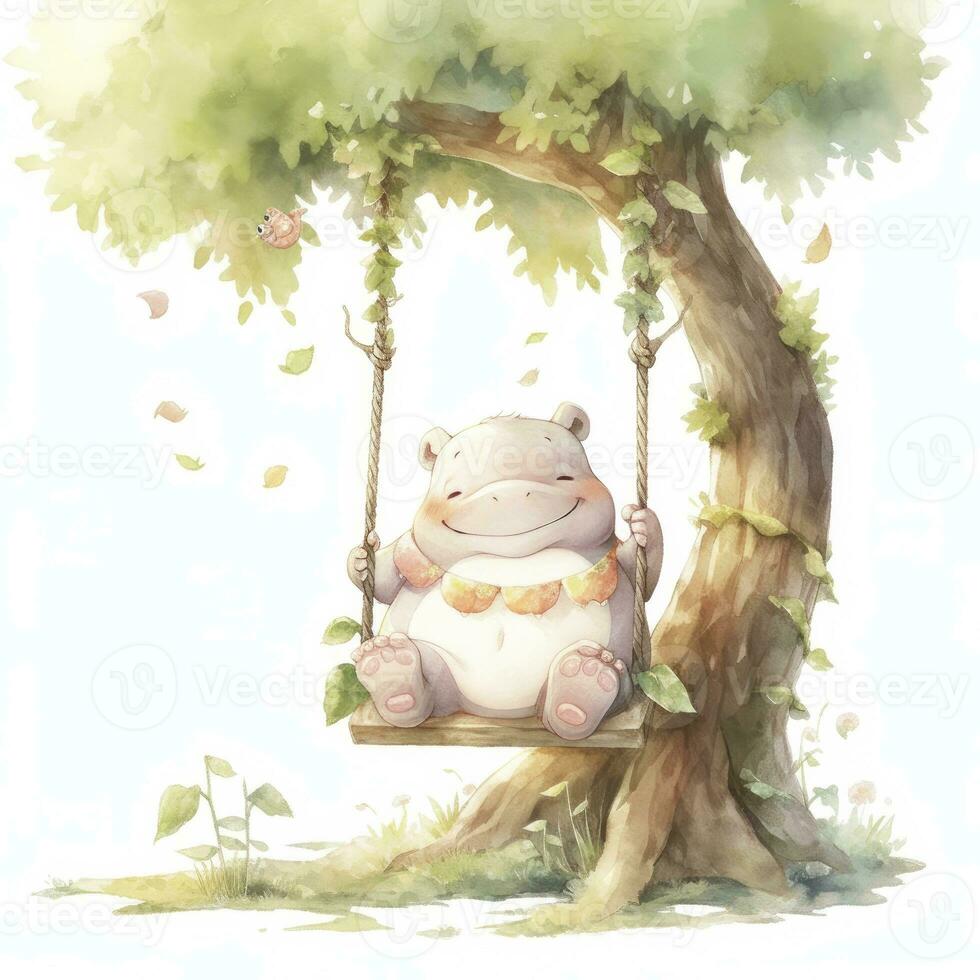 AI generated Cute happy baby rhino on swings in the tree in watercolor style. AI Generated photo