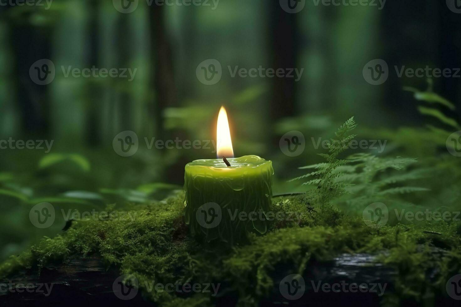 AI generated Burning candle on moss, dark green blurred the natural background. Magic candle. Generative AI photo