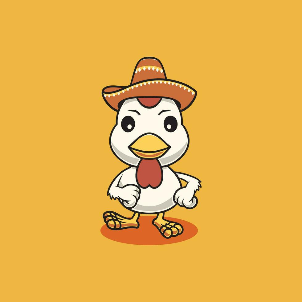 Cute chicken with sombrero hat cartoon illustration vector