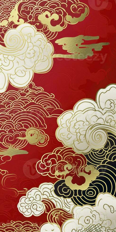 AI generated Chinese auspicious cloud pattern with red and gold themes. photo