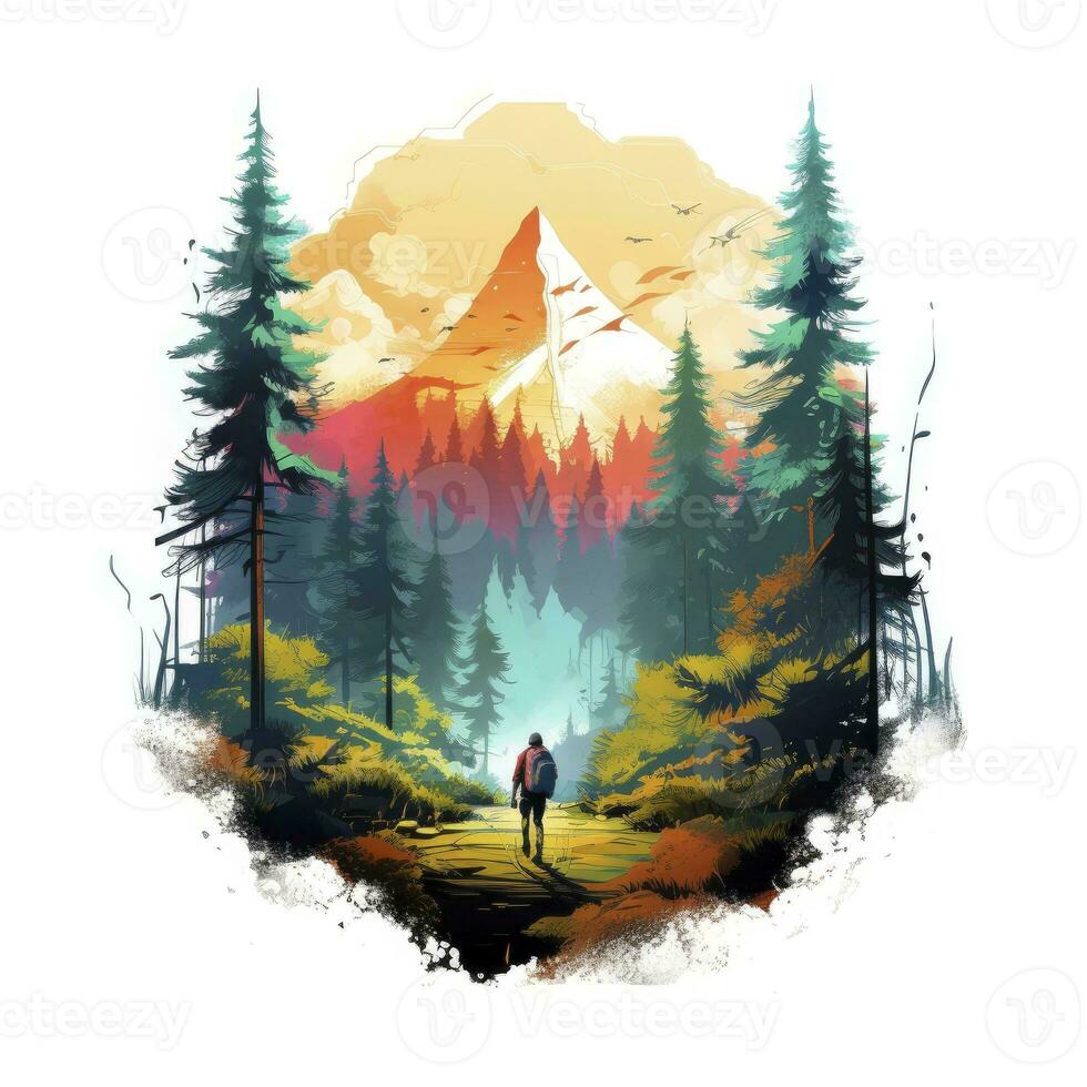 AI generated Vibrant colors wilderness hiking scene for t-shirt. AI Generated photo