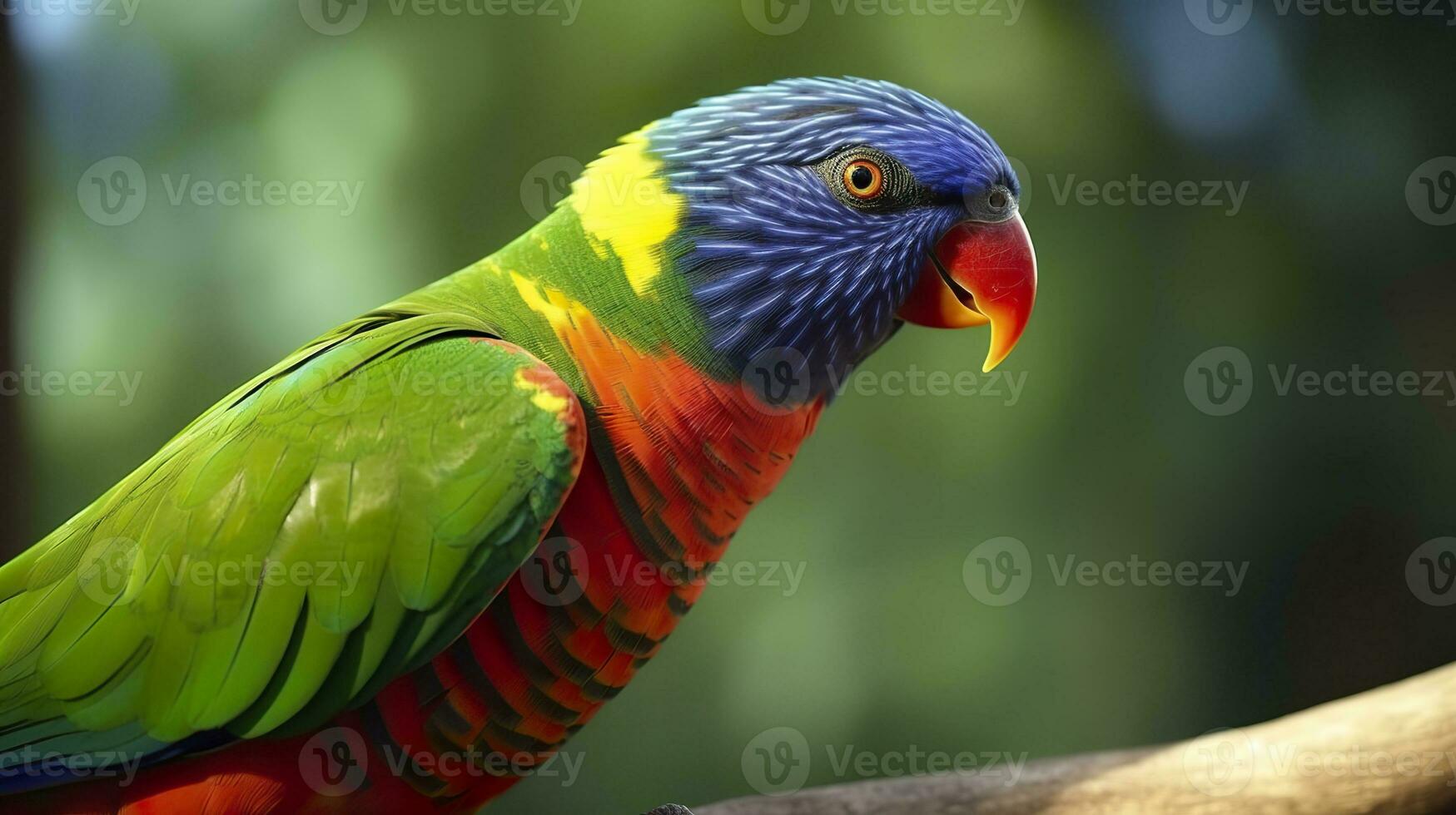 AI generated Side view Closeup of beautiful and colorful Lorikeet Green naped bird. Generative AI photo