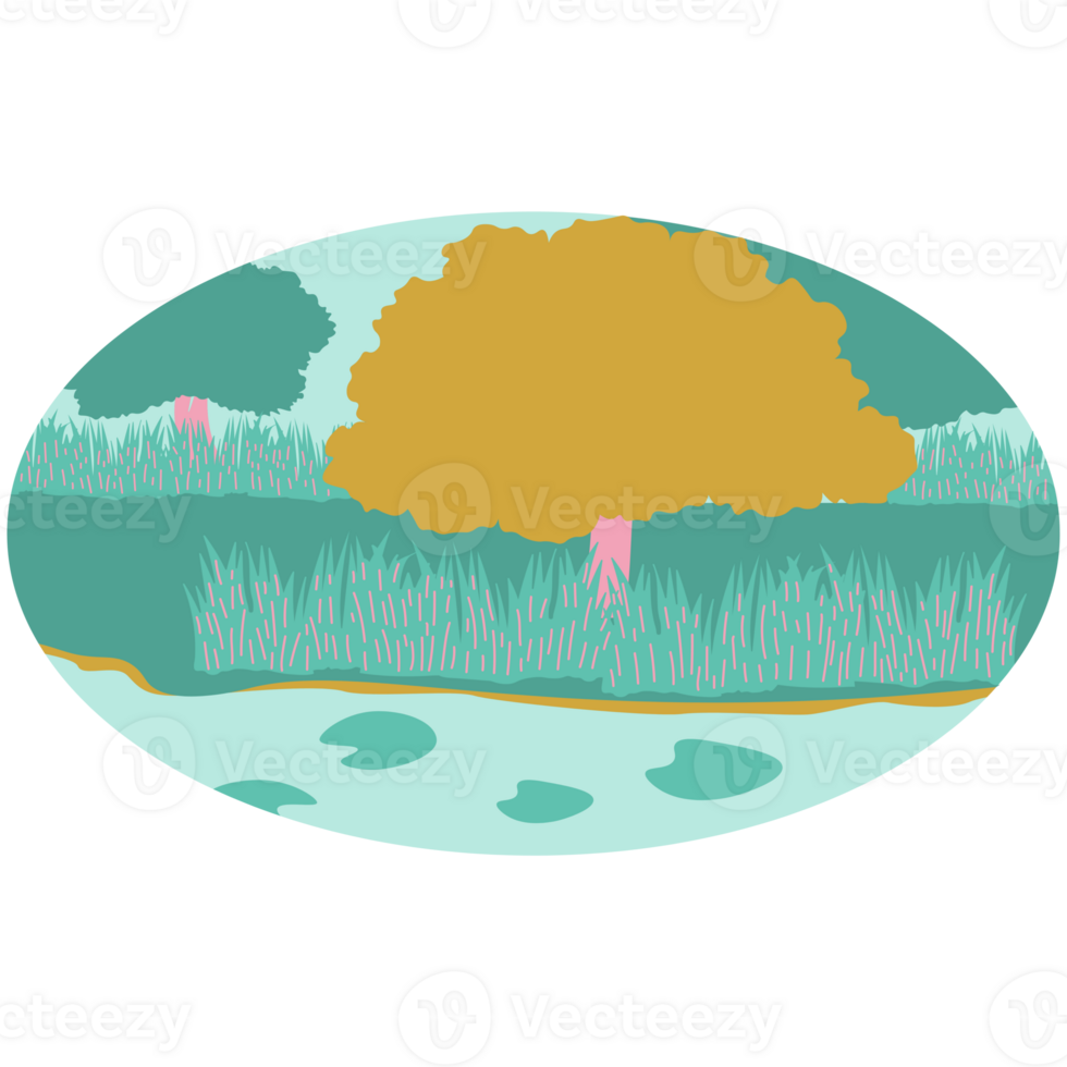 AI generated a cartoon scene of a tree and grass in a field png