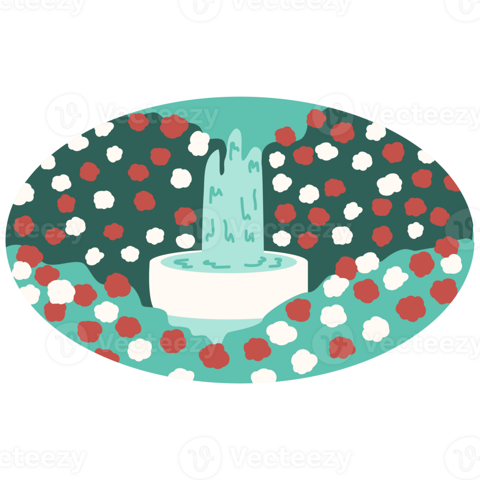 AI generated a water fountain in a garden with flowers and leaves png
