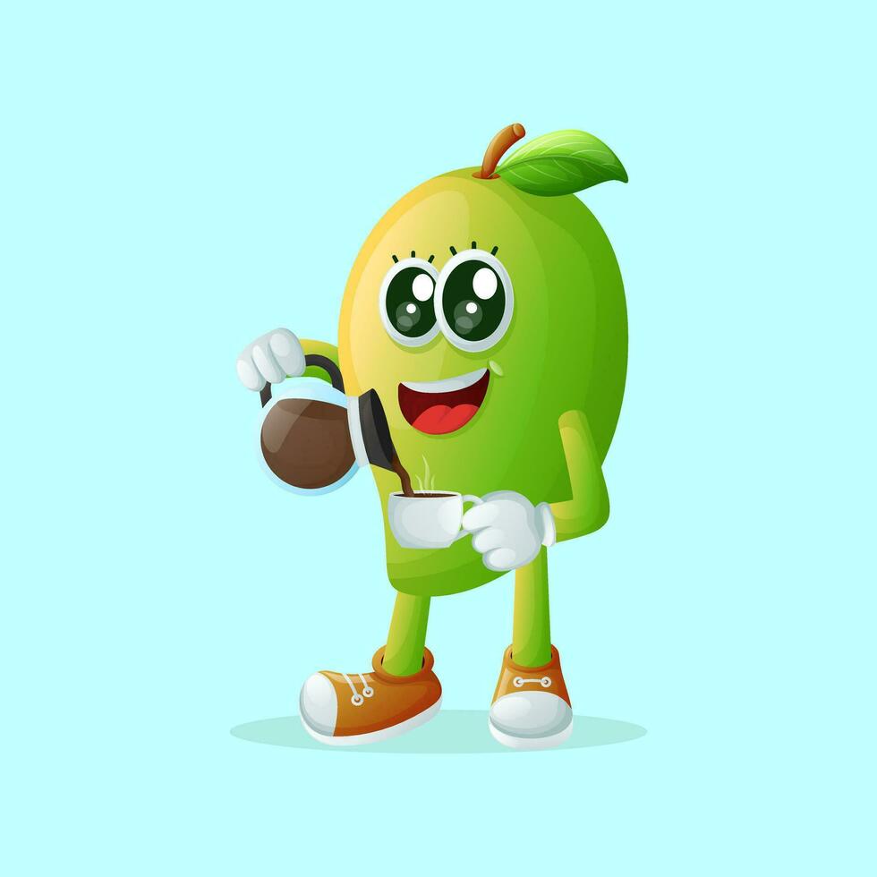 Cute manggo character pouring coffee vector