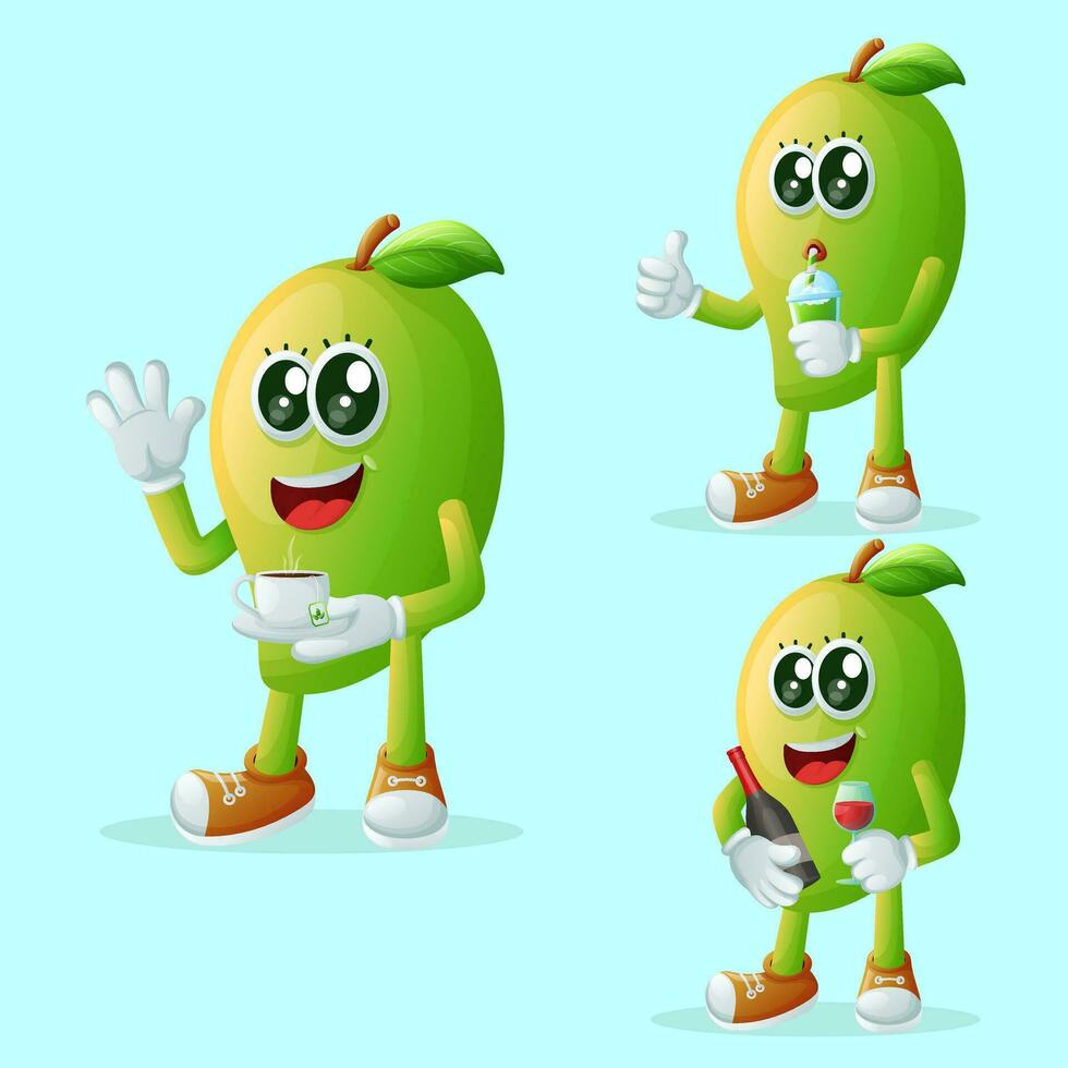 Cute manggo characters enjoying beverages vector