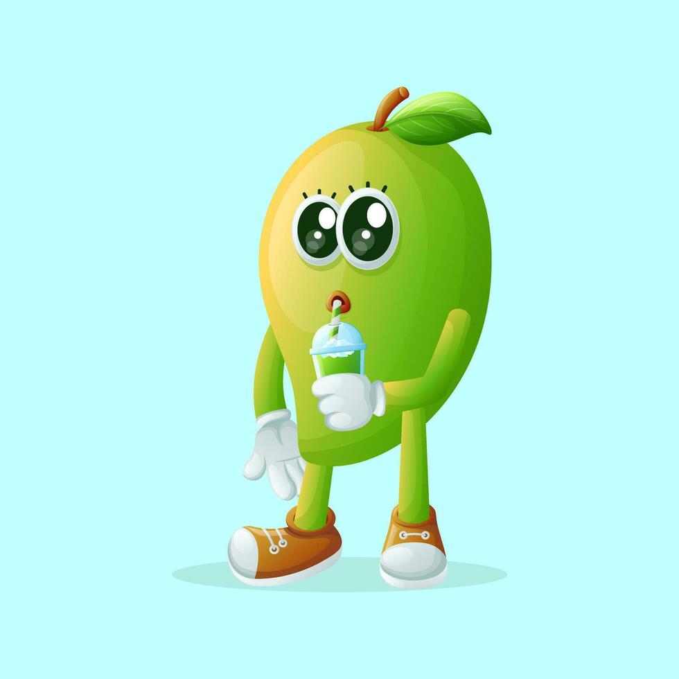 Cute manggo character drinking a green smoothie with a straw vector