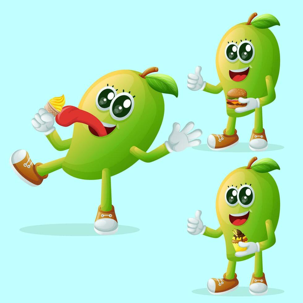 Cute manggo characters enjoying food vector