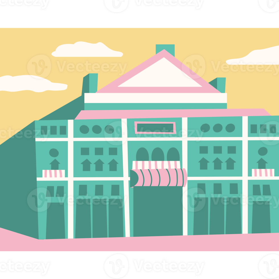 AI generated a cartoon building with a pink and green facade png