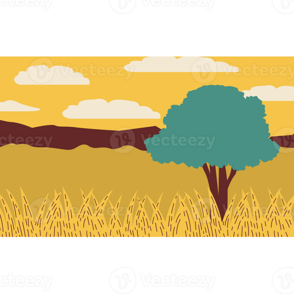 AI generated a tree in a field with a yellow sky and clouds png