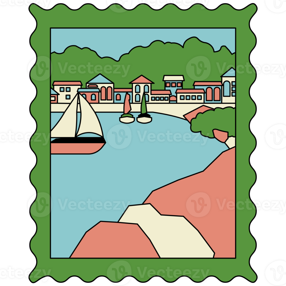 AI generated a stamp with a boat on it and a town in the background png