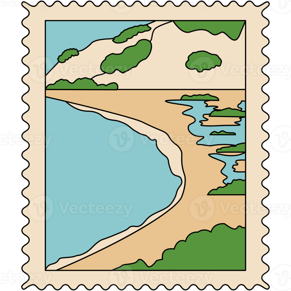AI generated a postage stamp with a beach and a mountain png