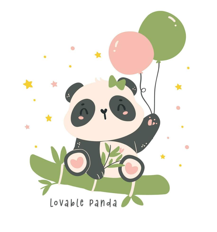 Adorable Cartoon Panda with bamboo and balloons, nursery baby shower kid illustration. vector