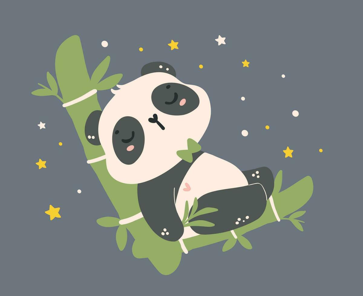 Adorable Cartoon Panda sleeping on bamboo, nursery baby shower kid illustration. vector