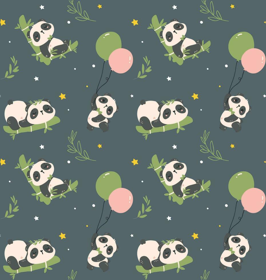Nursery pattern seamless Baby Panda sleeping on bamboo, isolated on dark blue background. vector