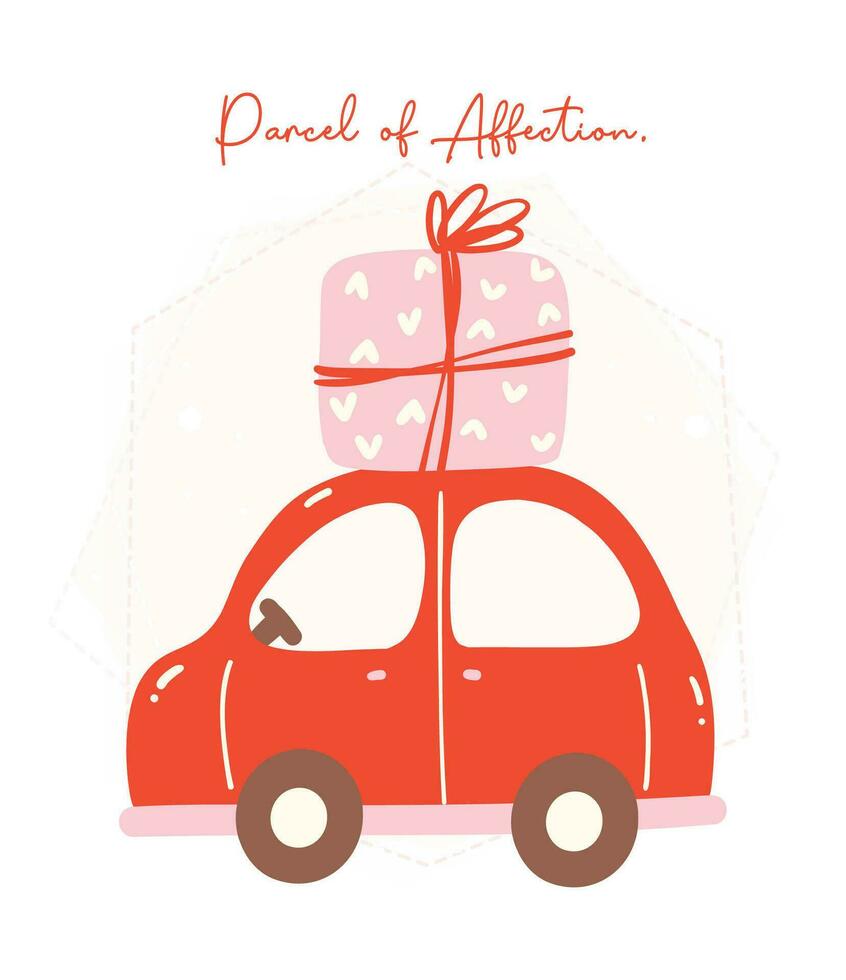 enamorado amor entrega coche. linda kawaii vehículo en amor tema con paquete o empaquetar caja en plano diseño. vector