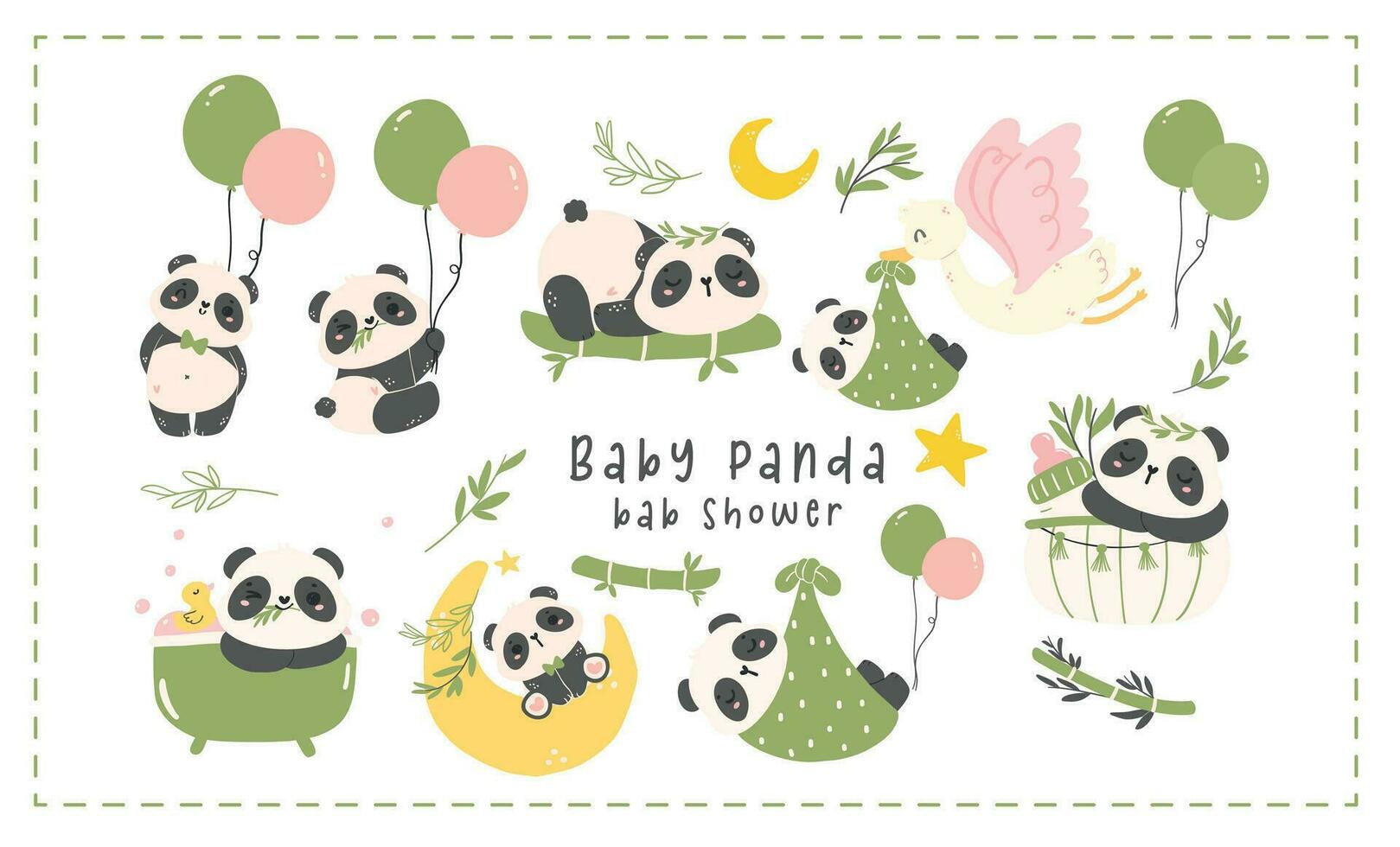 adorable bebé panda dibujos animados guardería bebé ducha elemento conjunto ilustración. vector