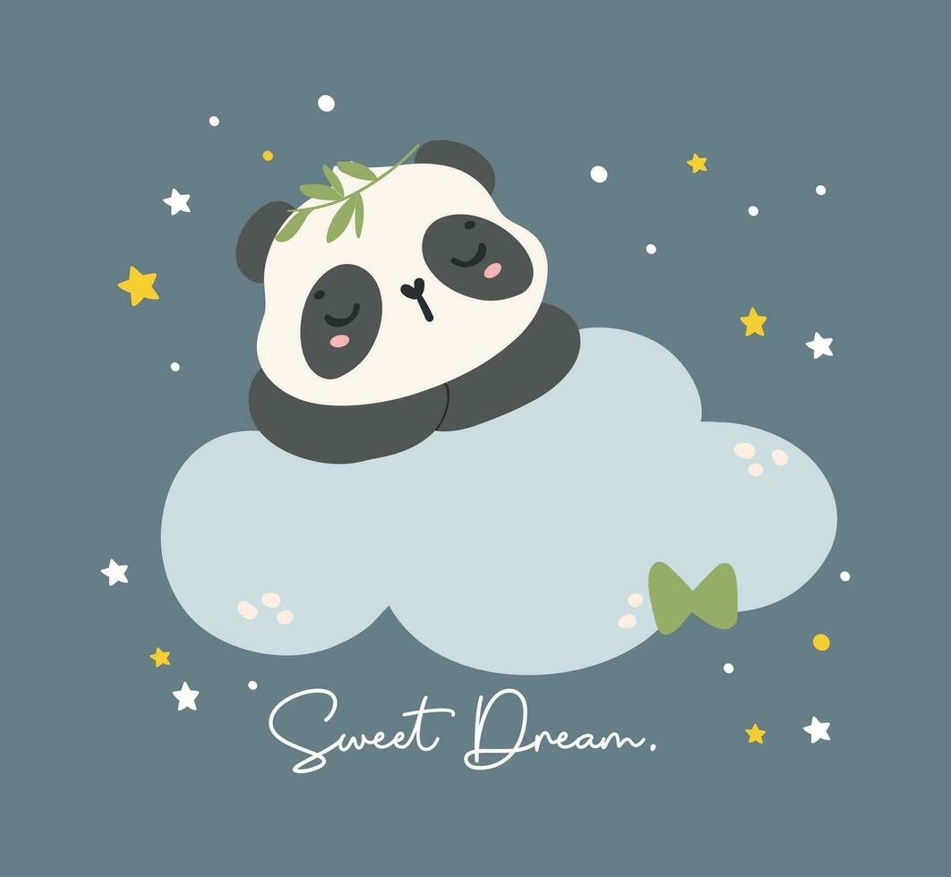 Adorable Cartoon Panda Nursery Art. Cute hand drawn illustration of a baby panda sleeping on a ccloud, perfect for baby shower themes. vector