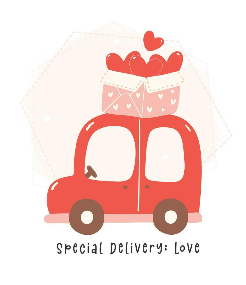 reconfortante enamorado dibujos animados. linda kawaii coche en rojo y rosado tema con corazón en plano diseño. vector