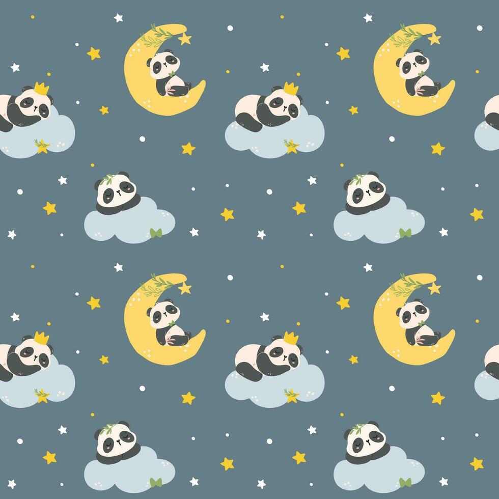 Adorable Cartoon Panda sleeping Nursery Art pattern seamless isolated on dark blue background. vector