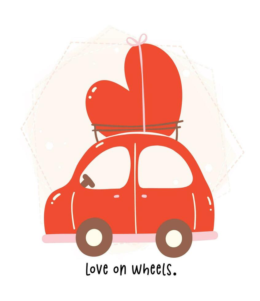 Heartwarming Valentine Cartoon. Cute Kawaii Car in Red and Pink Theme with Heart in Flat Design. vector