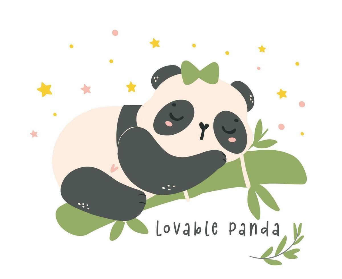 Adorable Cartoon Panda sleeping bamboo and balloons, nursery baby shower kid illustration. vector