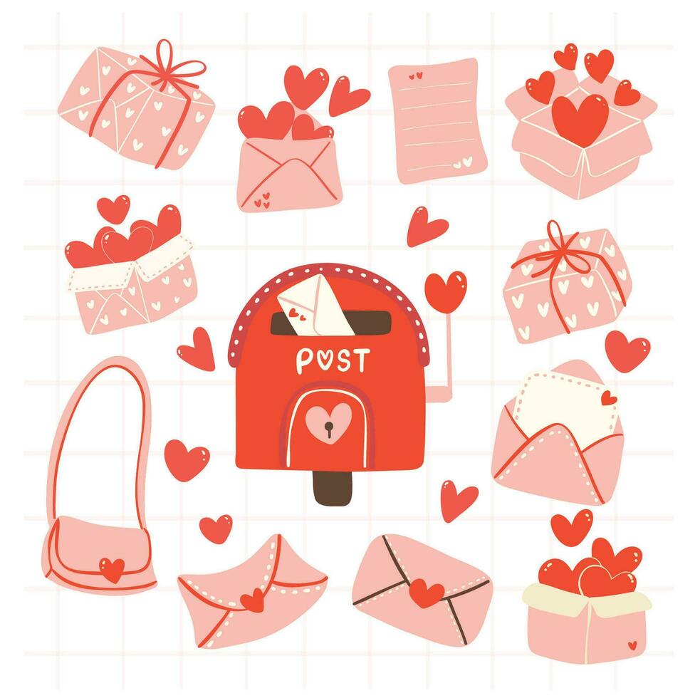 Valentine love Mail in Flat Design Cartoon hand drawn collection. Delivery hearts symbolic illustration. vector