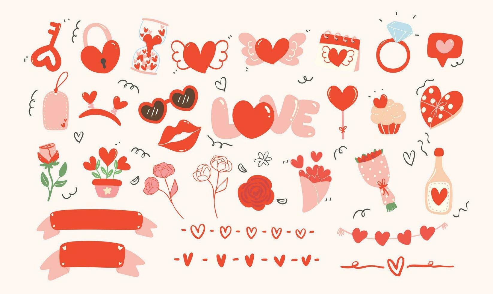 Cute Kawaii Valentine Element. Hand Drawn Illustration in Red and Pink Theme Featuring Adorable Hearts and Decorative Elements vector
