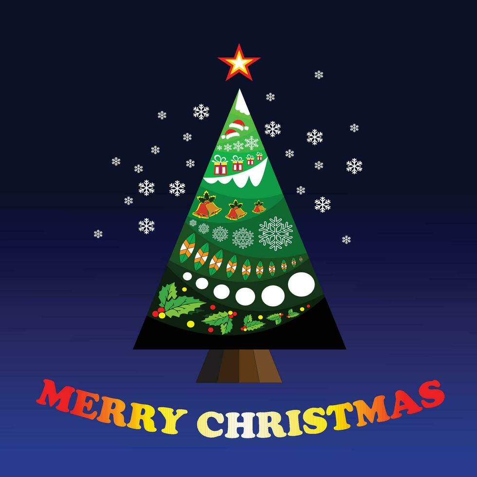 Free vector Merry Christmas tree decorated by snow, Santa hat, Christmas  leaves and Christmas bells. Winter holiday composition. Greeting card, banner and poster.