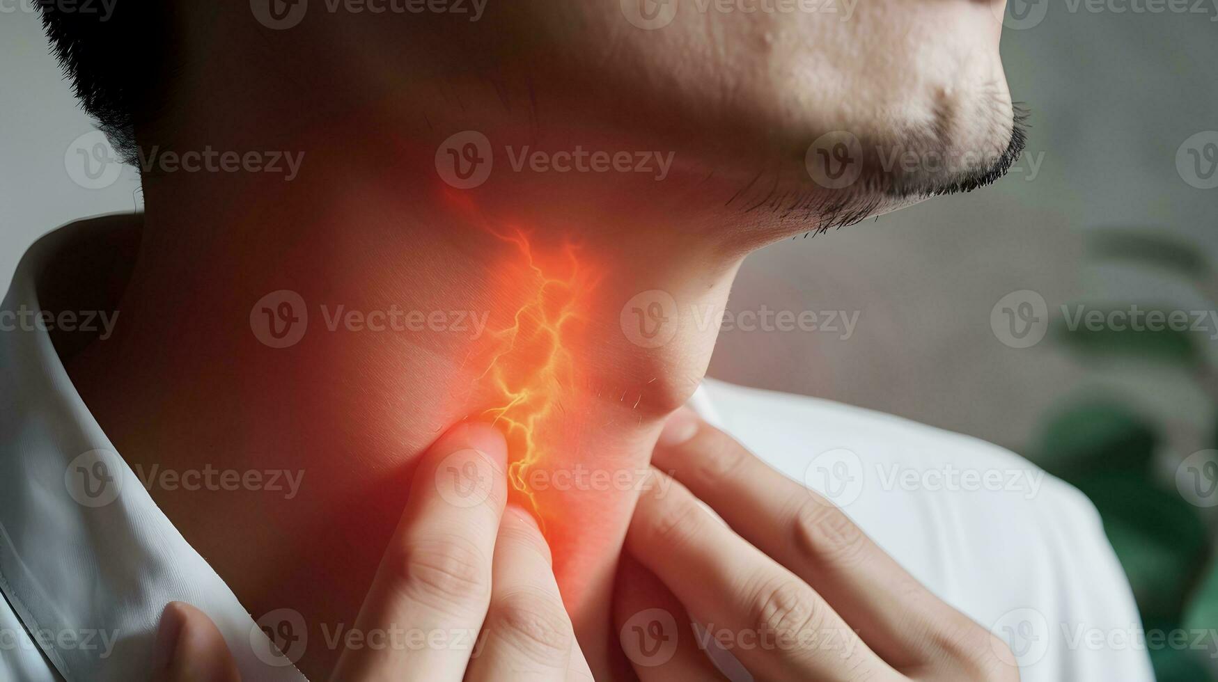 AI generated Flame at neck of a man. Concept of sore throat, pharyngitis, laryngitis, thyroiditis, choking photo